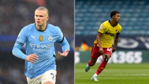 Erling Haaland (à esquerda), atacante do Manchester City, e Ryan Andrews (à direita), zagueiro do Watford