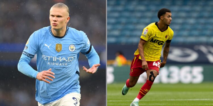 Erling Haaland (à esquerda), atacante do Manchester City, e Ryan Andrews (à direita), zagueiro do Watford