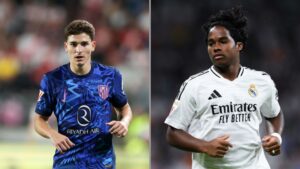 Julián Álvarez (à esquerda, atacante do Atlético de Madrid, e Endrick (à direita), atacante do Real Madrid