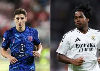 Julián Álvarez (à esquerda, atacante do Atlético de Madrid, e Endrick (à direita), atacante do Real Madrid