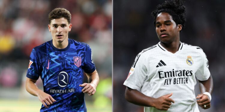 Julián Álvarez (à esquerda, atacante do Atlético de Madrid, e Endrick (à direita), atacante do Real Madrid