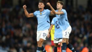 Matheus Nunes, do Manchester City, comemora o segundo gol do time na partida contra o Watford