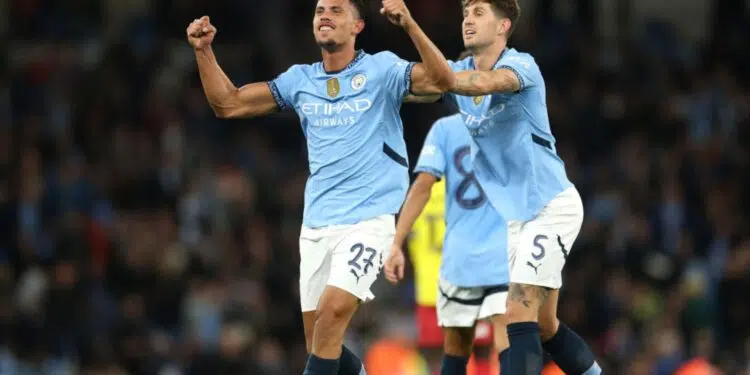 Matheus Nunes, do Manchester City, comemora o segundo gol do time na partida contra o Watford