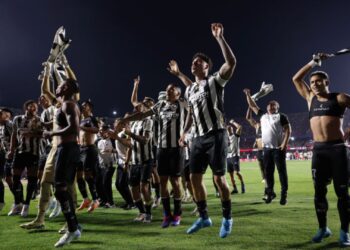 Jogadores do Botafogo comemoram com a torcida classificação nos pênaltis contra o São Paulo, no Morumbis