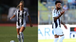 Alisha Lehmann à esquerda e Douglas Luiz à esquerda, ambos vestidos com a camisa da Juventus