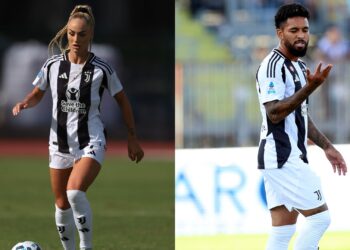 Alisha Lehmann à esquerda e Douglas Luiz à esquerda, ambos vestidos com a camisa da Juventus