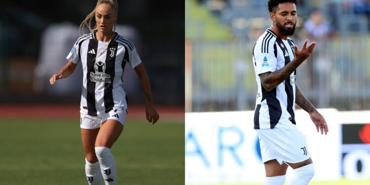 Alisha Lehmann à esquerda e Douglas Luiz à esquerda, ambos vestidos com a camisa da Juventus