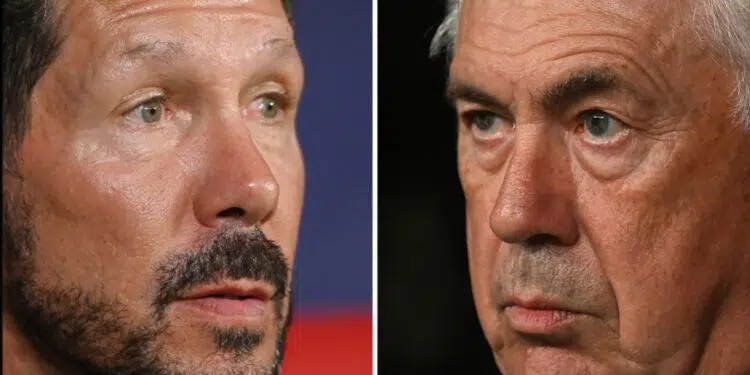 Diego Simeone e Carlo Ancelotti, treinadores do duelo Atlético de Madrid x Real Madrid