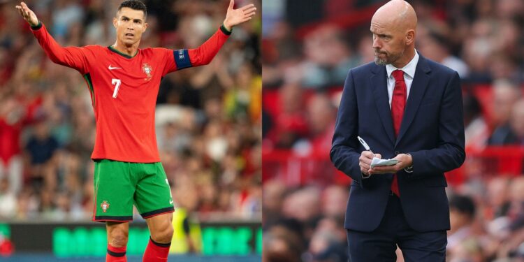 Cristiano Ronaldo reclamando, à direita, e Erik Ten Hag observando, à esquerda