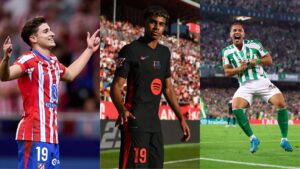 Montagem com Julian Álvarez, Lamine Yamal e Vitor Roque, destaques da última semana na LALIGA