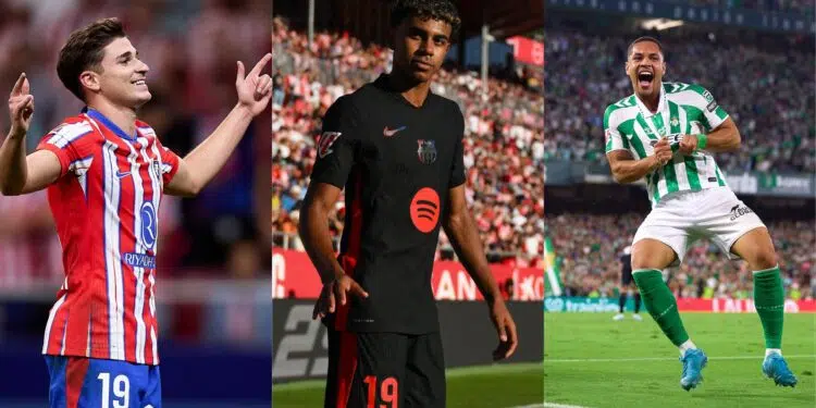Montagem com Julian Álvarez, Lamine Yamal e Vitor Roque, destaques da última semana na LALIGA