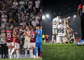 Montagem de Flamengo x Vasco em campo