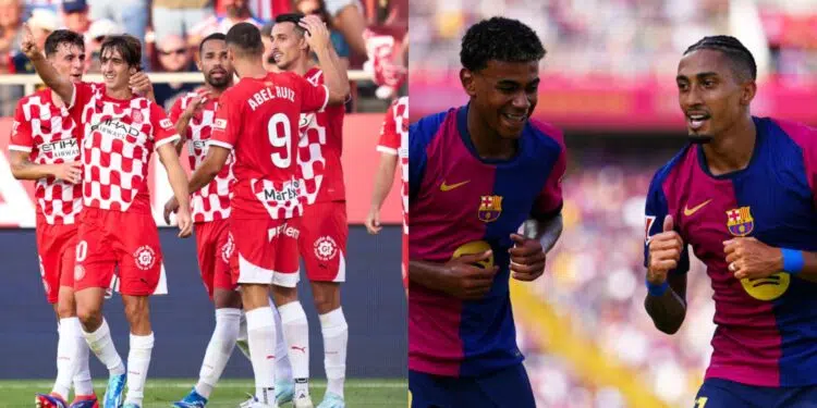 Montagem com as equipes do duelo Girona x Barcelona