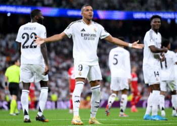Mbappé comemorando seu primeiro gol pelo Real Madrid na Liga dos Campeões