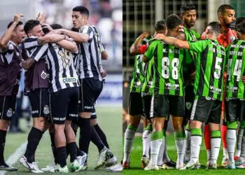 Montagem com as equipes de Santos x América-MG comemorando em campo