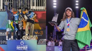 Montagem de fotos com rayssa leal, augusto akio e raicca ventura, campeões mundiais