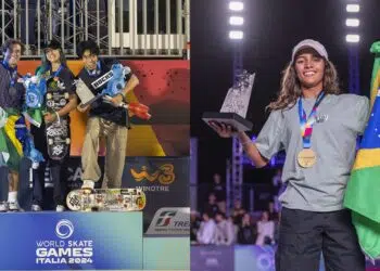 Montagem de fotos com rayssa leal, augusto akio e raicca ventura, campeões mundiais