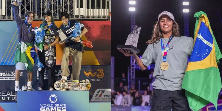 Montagem de fotos com rayssa leal, augusto akio e raicca ventura, campeões mundiais