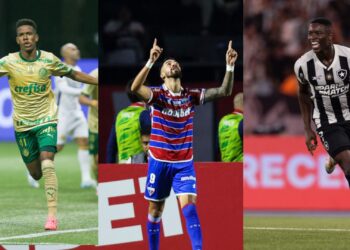 Montagem com os três times com mais chances de vencer o Brasileirão: Palmeiras, Fortaleza e Botafogo