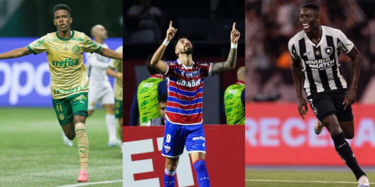 Montagem com os três times com mais chances de vencer o Brasileirão: Palmeiras, Fortaleza e Botafogo