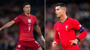 Na imagem à esquerda, Robert Lewandowski, atacante da Polônia. Na imagem à direita, Cristiano Ronaldo, atacante de Portugal
