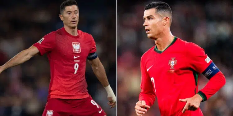 Na imagem à esquerda, Robert Lewandowski, atacante da Polônia. Na imagem à direita, Cristiano Ronaldo, atacante de Portugal