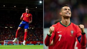 Na imagem à esquerda, Martín Zubimendi comemora o gol marcado em jogo contra a Dinamarca. Na imagem à direita, Cristiano Ronaldo comemora o gol marcado contra a Polônia