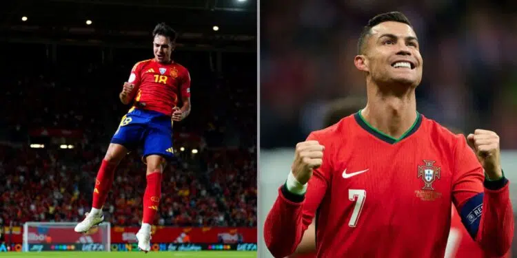Na imagem à esquerda, Martín Zubimendi comemora o gol marcado em jogo contra a Dinamarca. Na imagem à direita, Cristiano Ronaldo comemora o gol marcado contra a Polônia