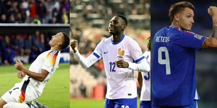 Na imagem à esquerda, Jamie Leweling comemora o gol marcado pela Alemanha. Na imagem ao centro, Kolo Muani comemora o gola marcado pela França. Na imagem à direita, Retegui comemora o gol marcado pela Itália