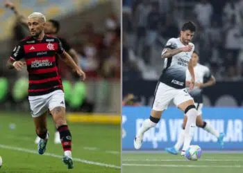 Na imagem à esquerda, Giorgian de Arrascaeta, meio-campista do Flamengo. Na imagem à direita, Gustavo Henrique, zagueiro do Corinthians