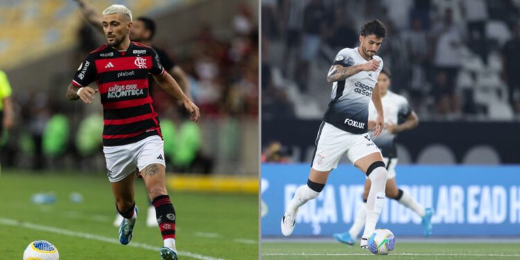 Na imagem à esquerda, Giorgian de Arrascaeta, meio-campista do Flamengo. Na imagem à direita, Gustavo Henrique, zagueiro do Corinthians
