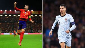 Na imagem à esquerda, Álvaro Morata comemora o gol marcado pela Espanha. Na imagem à direita, Cristiano Ronaldo durante partida de Portugal x Sérvia