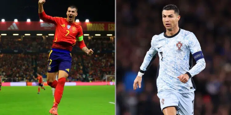 Na imagem à esquerda, Álvaro Morata comemora o gol marcado pela Espanha. Na imagem à direita, Cristiano Ronaldo durante partida de Portugal x Sérvia