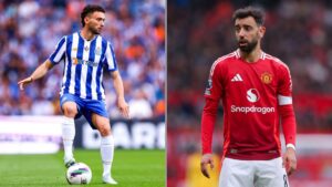 Na imagem à esquerda, João Mário, defensor do Porto. Na imagem à direita, Bruno Fernandes, meio-campista do Manchester United