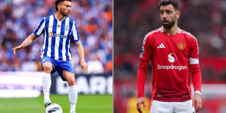 Na imagem à esquerda, João Mário, defensor do Porto. Na imagem à direita, Bruno Fernandes, meio-campista do Manchester United