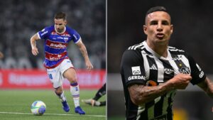 Na imagem à esquerda, Lucas Sasha, do Fortaleza, durante jogo contra o Botafogo. Na imagem à direita, Guilherme Arana, do Atlético-MG, comemora gol marcado contra o Vasco da Gama