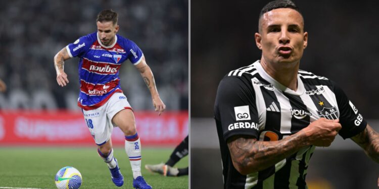 Na imagem à esquerda, Lucas Sasha, do Fortaleza, durante jogo contra o Botafogo. Na imagem à direita, Guilherme Arana, do Atlético-MG, comemora gol marcado contra o Vasco da Gama