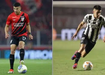 Na imagem à esquerda, Esquivel, lateral-esquerdo do Athletico-PR. Na imagem à direita, Thiago Almada, atacante do Botafogo