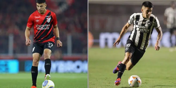 Na imagem à esquerda, Esquivel, lateral-esquerdo do Athletico-PR. Na imagem à direita, Thiago Almada, atacante do Botafogo