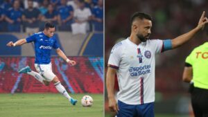 Na imagem à esquerda, Marlon Xavier, do Cruzeiro, durante jogo da Copa Sul-Americana. Na imagem à direita, Everton Ribeiro, do Bahia, durante jogo contra o Flamengo pelo Brasileirão