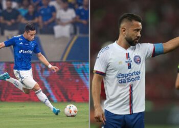 Na imagem à esquerda, Marlon Xavier, do Cruzeiro, durante jogo da Copa Sul-Americana. Na imagem à direita, Everton Ribeiro, do Bahia, durante jogo contra o Flamengo pelo Brasileirão