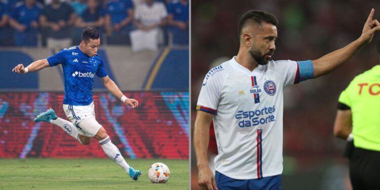 Na imagem à esquerda, Marlon Xavier, do Cruzeiro, durante jogo da Copa Sul-Americana. Na imagem à direita, Everton Ribeiro, do Bahia, durante jogo contra o Flamengo pelo Brasileirão