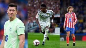 Na imagem à esquerda, Robert Lewandowski, do Barcelona. Na imagem ao centro, Vinícius Júnior, do Real Madrid. Na imagem à direita, Antoine Griezmann, do Atlético de Madrid