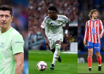 Na imagem à esquerda, Robert Lewandowski, do Barcelona. Na imagem ao centro, Vinícius Júnior, do Real Madrid. Na imagem à direita, Antoine Griezmann, do Atlético de Madrid