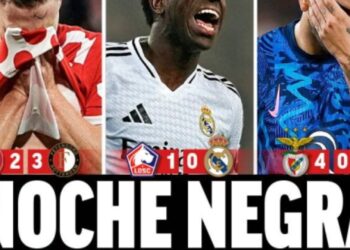 Capa publicada pelo jornal Marca, da Espanha, repercute os resultados negativos dos clubes espanhóis na Champions. No centro, uma foto de Vini Jr. com a expressão "Noite negra" escrita embaixo