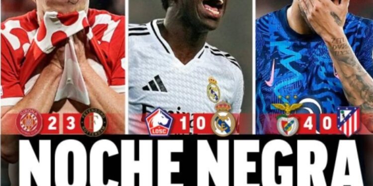 Capa publicada pelo jornal Marca, da Espanha, repercute os resultados negativos dos clubes espanhóis na Champions. No centro, uma foto de Vini Jr. com a expressão "Noite negra" escrita embaixo