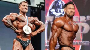 À esquerda, Chris Bumstead exibe mais uma medalha de campeão do Mr. Olympia. à direita, Ramon DIno posa durante Mr. Olympia
