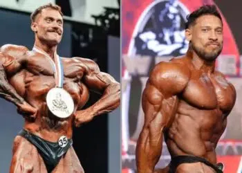 À esquerda, Chris Bumstead exibe mais uma medalha de campeão do Mr. Olympia. à direita, Ramon DIno posa durante Mr. Olympia
