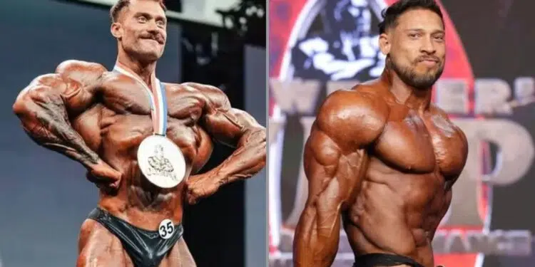 À esquerda, Chris Bumstead exibe mais uma medalha de campeão do Mr. Olympia. à direita, Ramon DIno posa durante Mr. Olympia