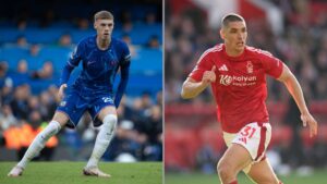 Na imagem à esquerda, Cole Palmer, atacante do Chelsea. Na imagem à direita, Nikola Milenkovic, zagueiro do Nottingham Forest